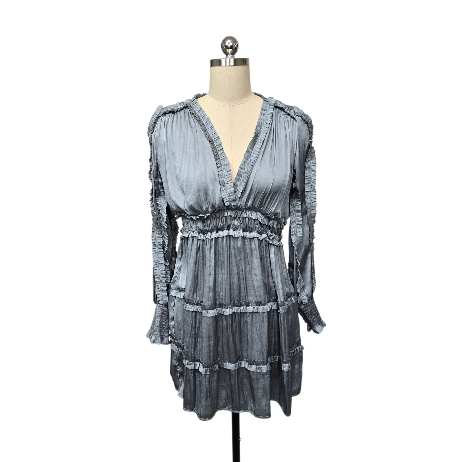 O.P.T Metallic Blue Pleated Ruffle Tiered Mini Dress V-Neck Long Sleeve Size M
